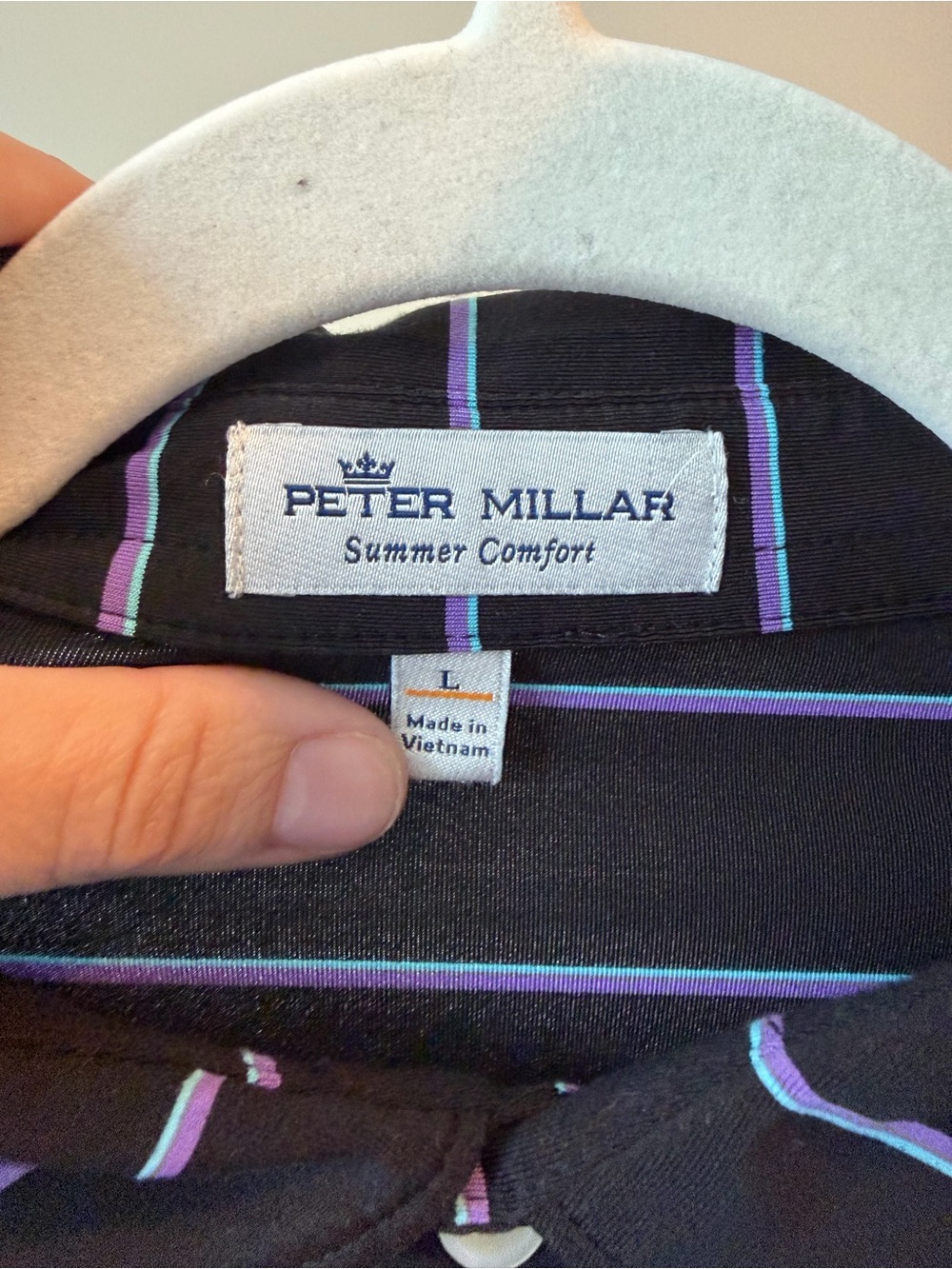Peter Millar Summer Comfort Polo Black Purple Striped Golf Shirt | Men’s L - Picture 3 of 4